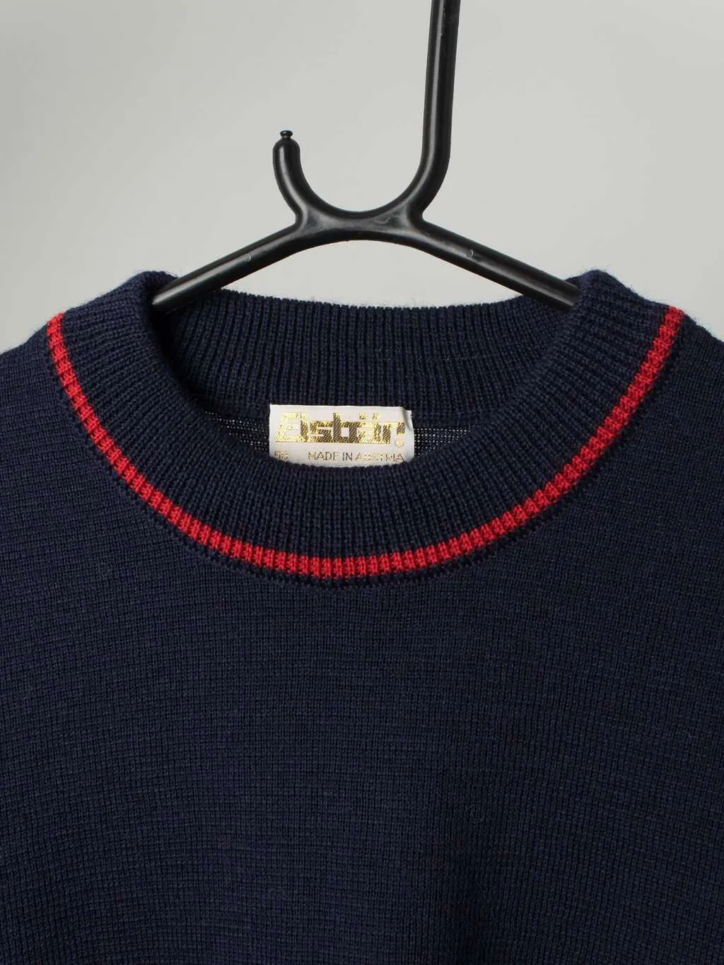 80s navy wool ski jumper with red stripes, made in Austria – Medium / Large