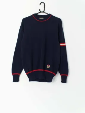 80s navy wool ski jumper with red stripes, made in Austria – Medium / Large