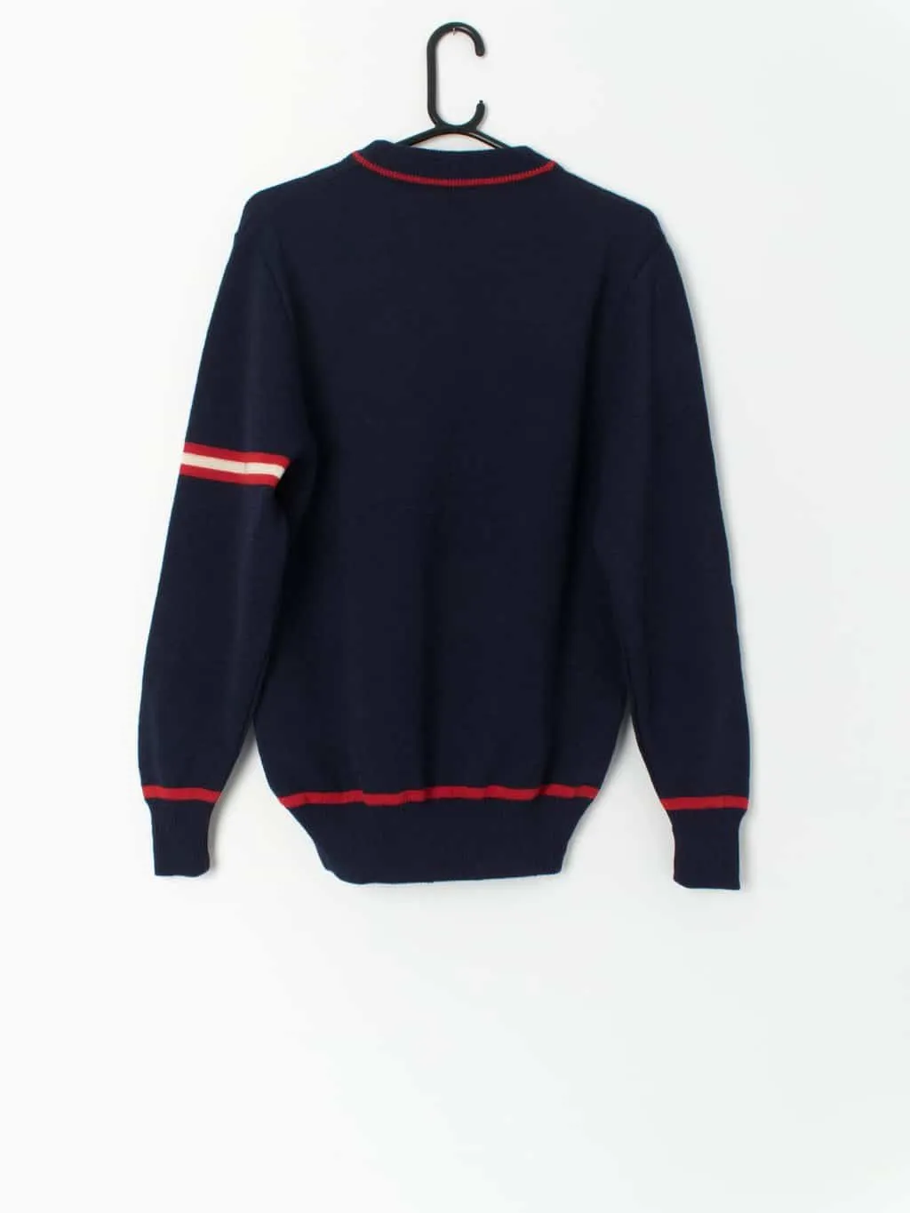 80s navy wool ski jumper with red stripes, made in Austria – Medium / Large