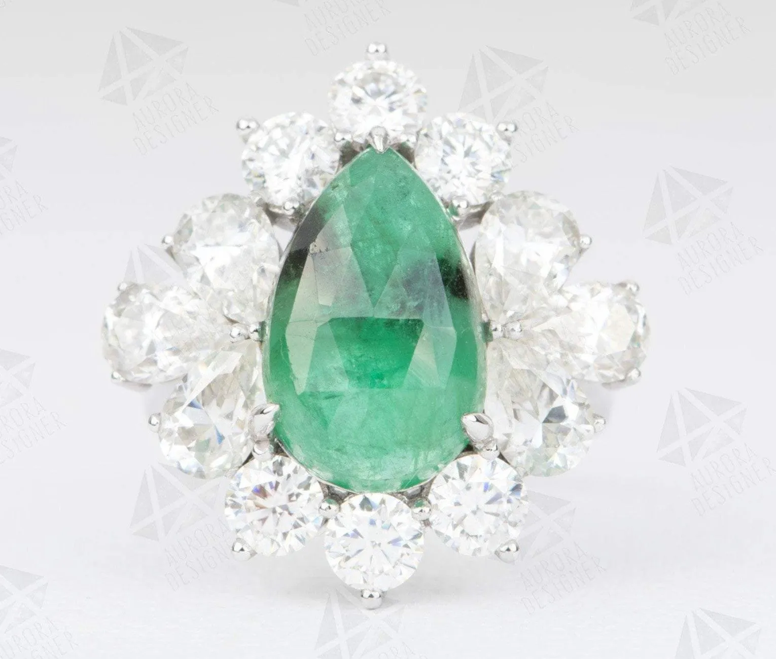 8.8ctw Emerald with Moissanite Halo Statement Ring 14K White Gold Pear Shape Unique OOAK AD2089