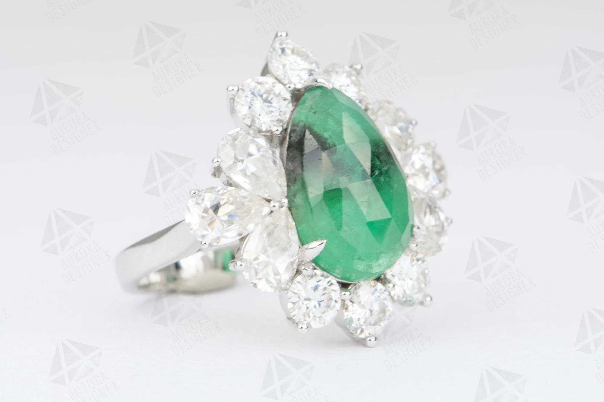 8.8ctw Emerald with Moissanite Halo Statement Ring 14K White Gold Pear Shape Unique OOAK AD2089