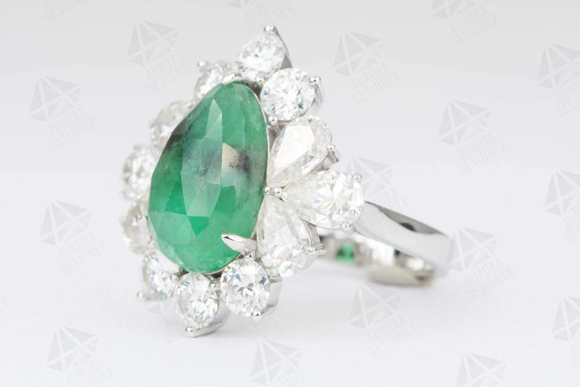 8.8ctw Emerald with Moissanite Halo Statement Ring 14K White Gold Pear Shape Unique OOAK AD2089