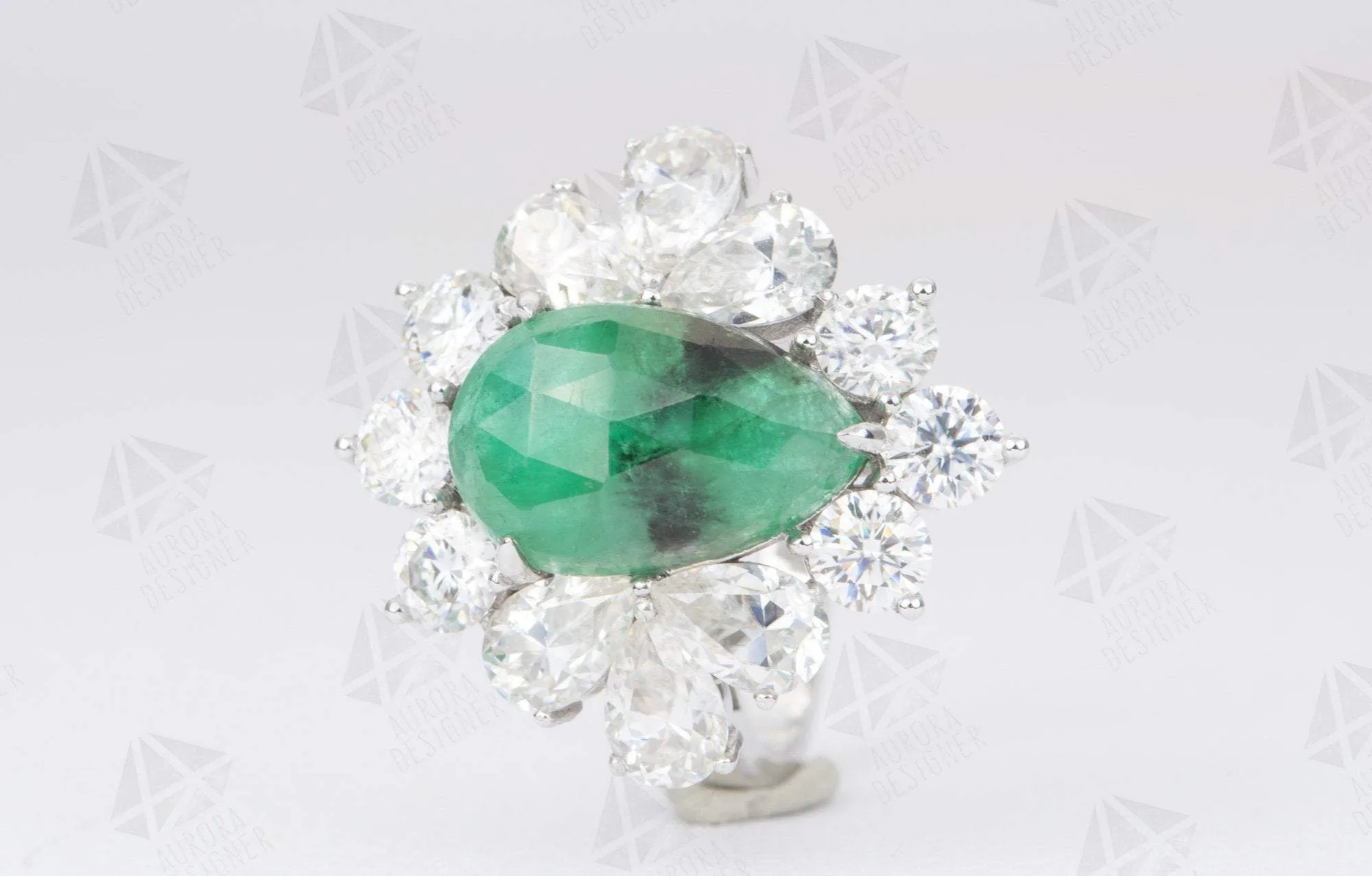 8.8ctw Emerald with Moissanite Halo Statement Ring 14K White Gold Pear Shape Unique OOAK AD2089