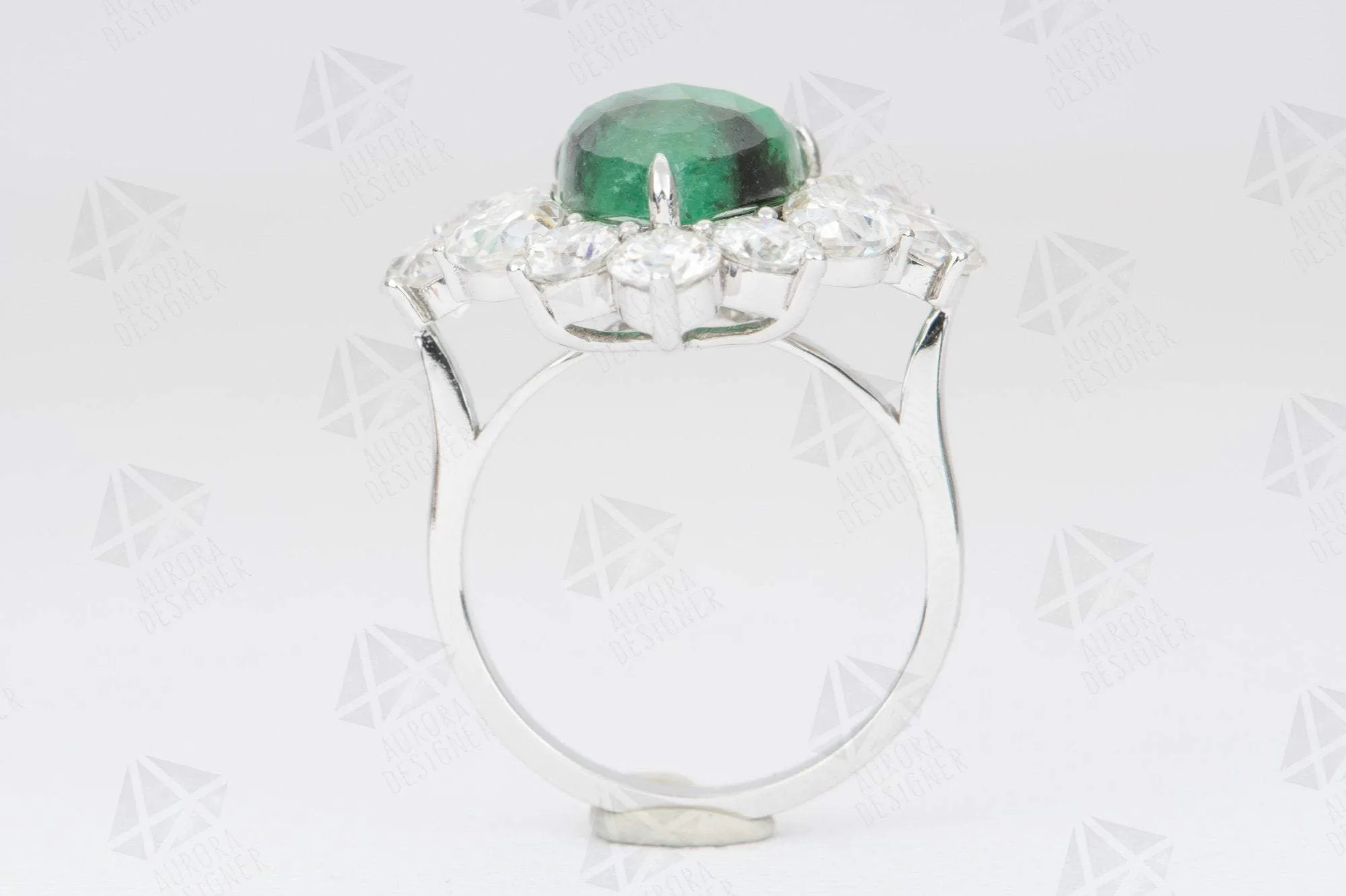 8.8ctw Emerald with Moissanite Halo Statement Ring 14K White Gold Pear Shape Unique OOAK AD2089