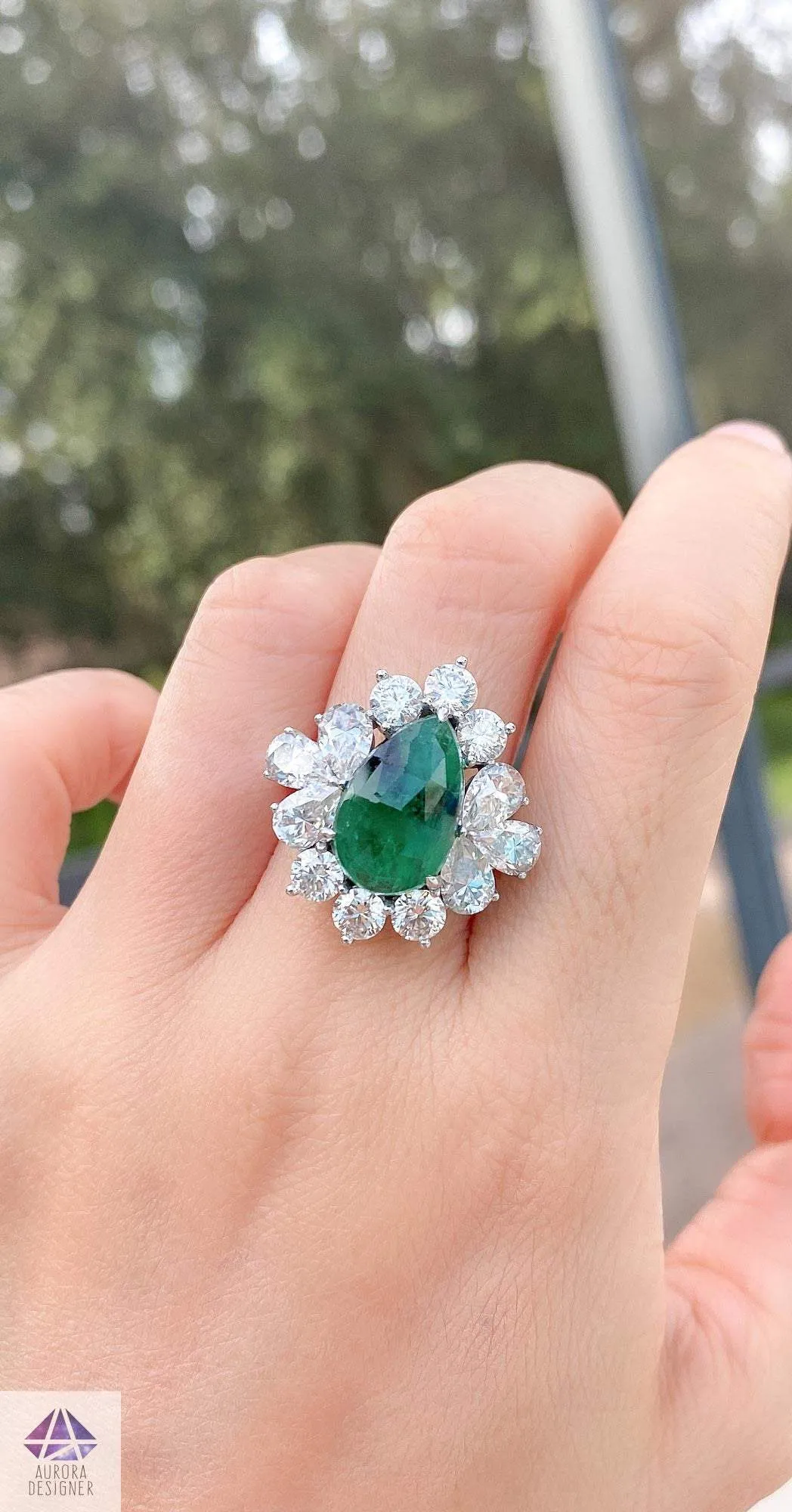 8.8ctw Emerald with Moissanite Halo Statement Ring 14K White Gold Pear Shape Unique OOAK AD2089