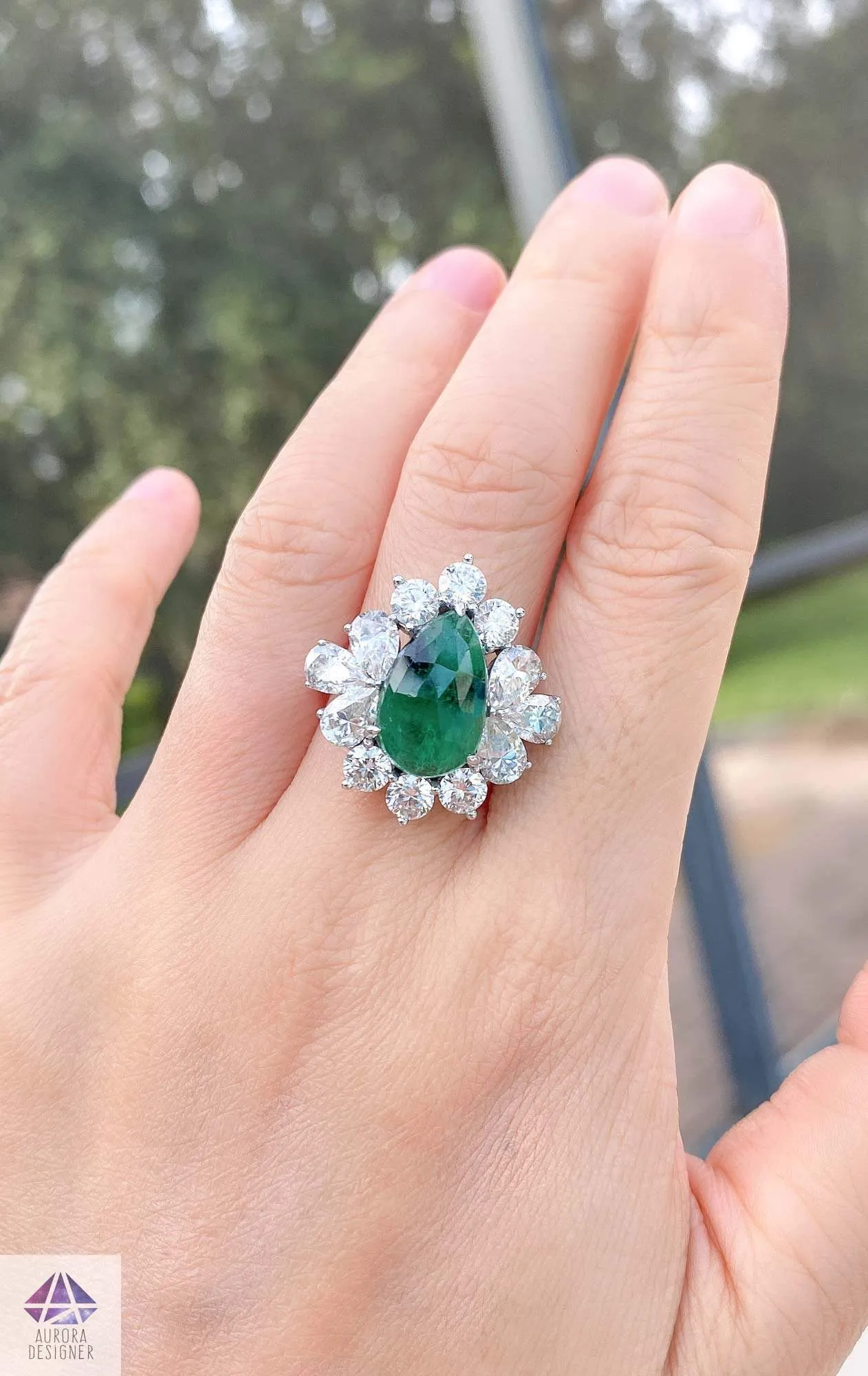 8.8ctw Emerald with Moissanite Halo Statement Ring 14K White Gold Pear Shape Unique OOAK AD2089