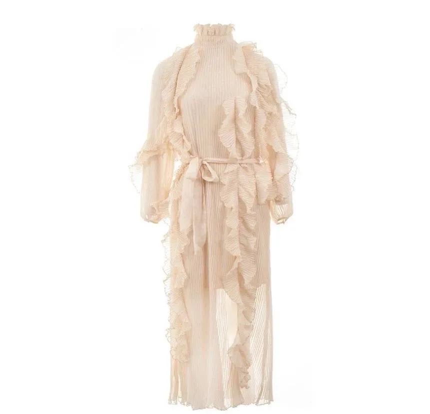 Beige High Neck Ruffle Pleated Maxi Dress