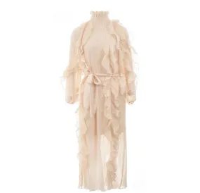 Beige High Neck Ruffle Pleated Maxi Dress