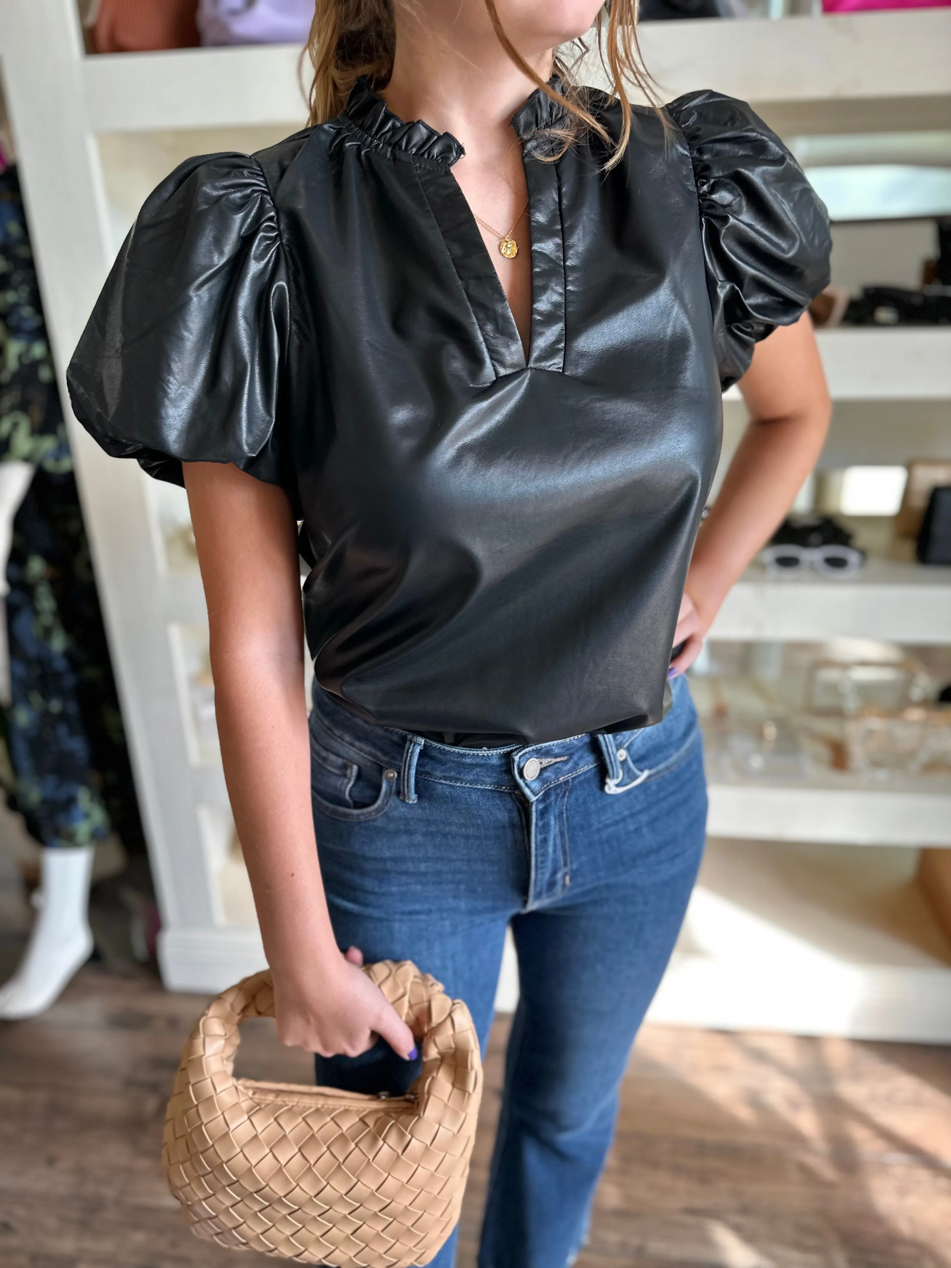 Black Faux Leather Puff Short Sleeve Top