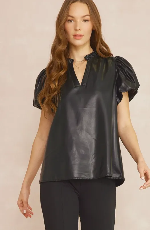 Black Faux Leather Puff Short Sleeve Top