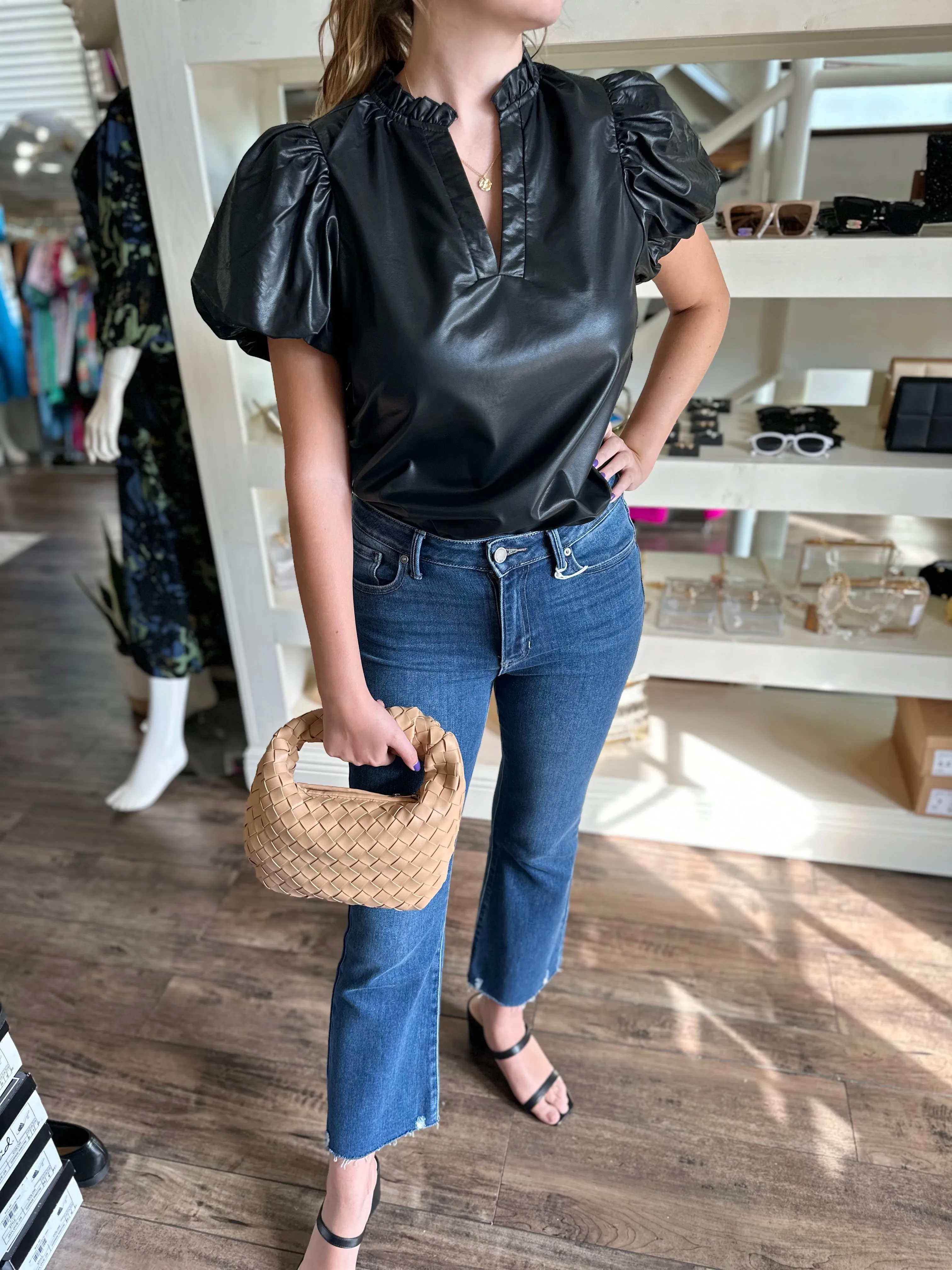 Black Faux Leather Puff Short Sleeve Top