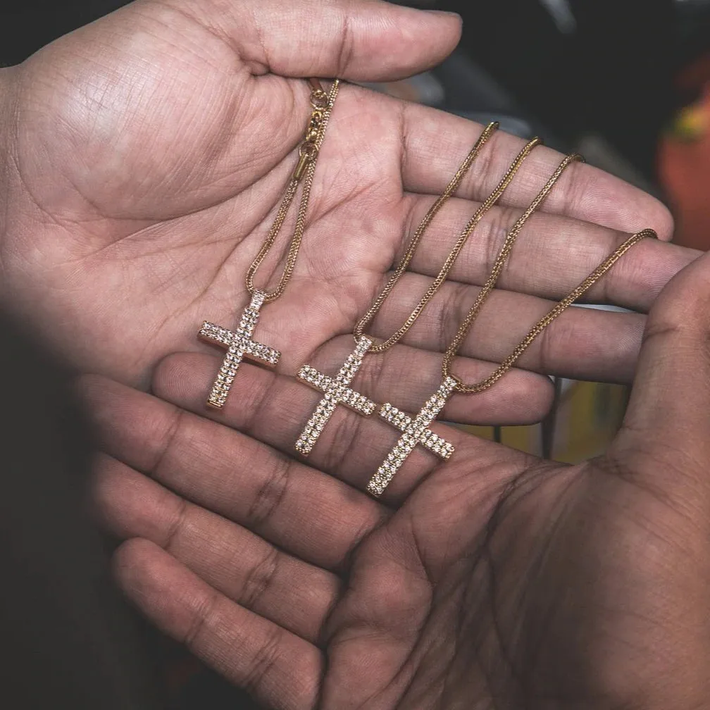 Iced Out 18K Gold Plated Double Row Cross Pendant | Golden Gilt