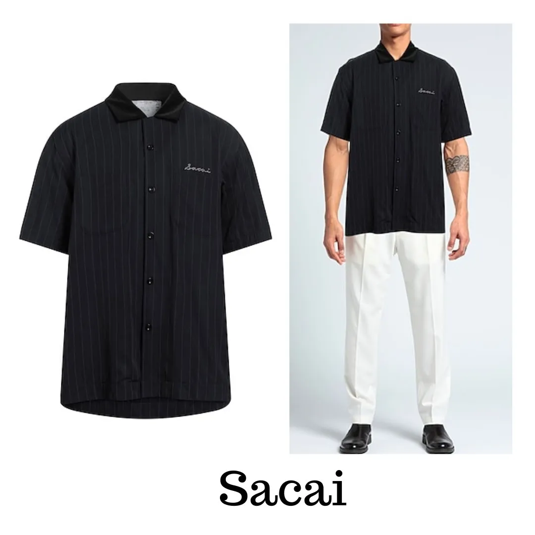 sacai  |Stripes Short Sleeves Logo Designers Shirts