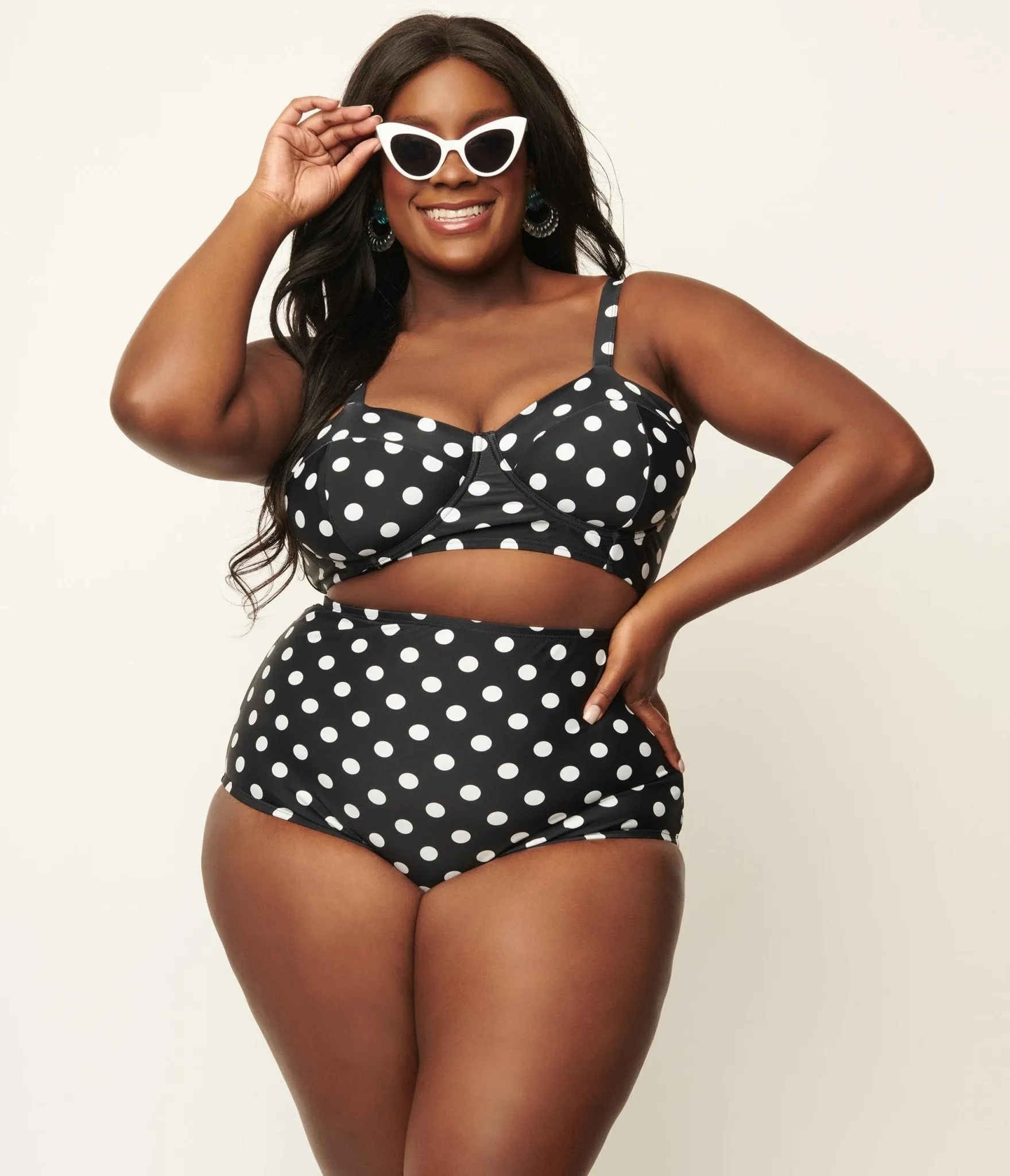 Unique Vintage Plus Size Black & White Polka Dot High Waist Louise Swim Bottoms