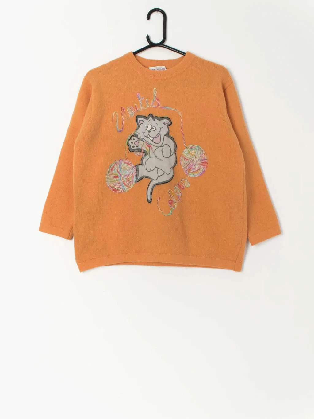 Vintage United colours of Benetton orange wool jumper with cat applique – Medium