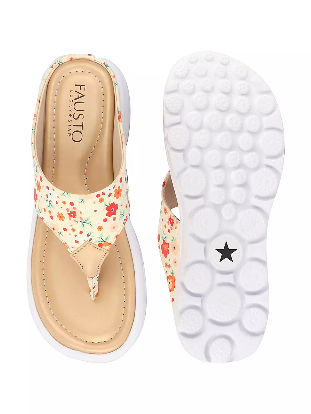 Women Beige Comfort Fashion Stylish Floral Print Design Strap Thong Flats Wedges Slipper