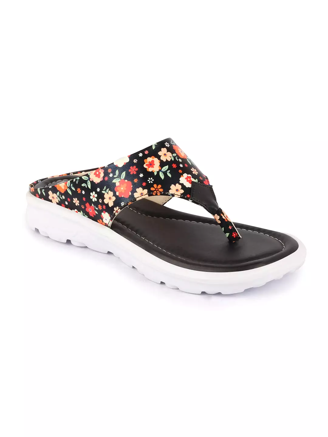 Women Black Comfort Fashion Stylish Floral Print Design Strap Thong Flats Wedges Slipper