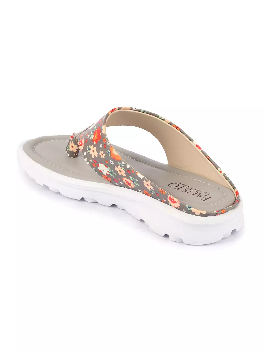 Women Grey Comfort Fashion Stylish Floral Print Design Strap Thong Flats Wedges Slipper