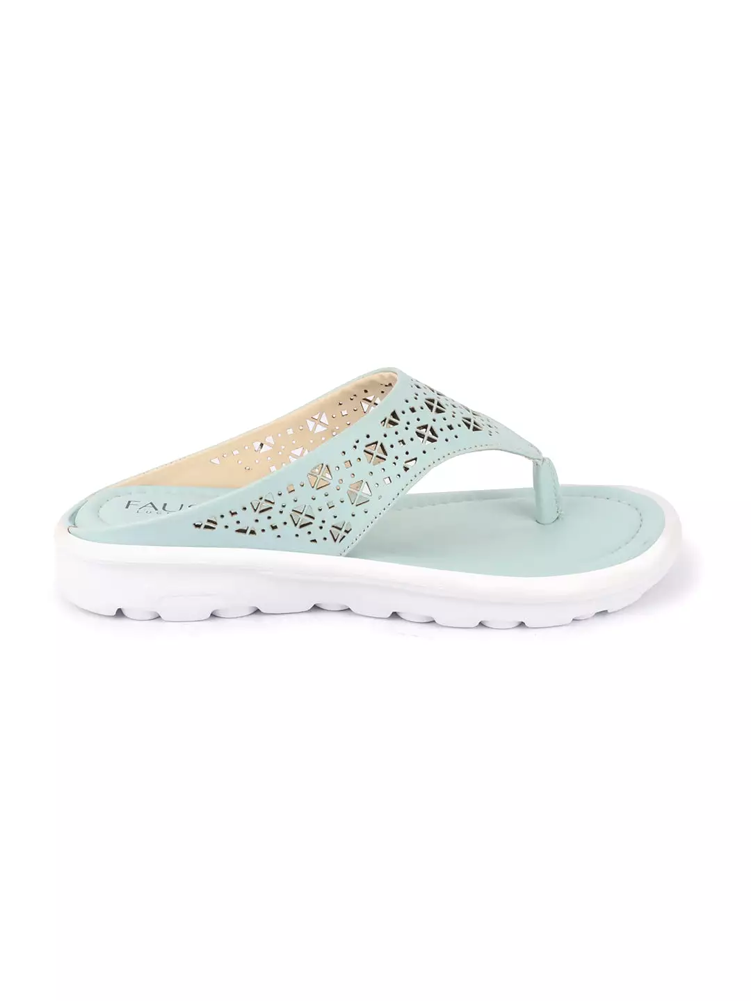 Women Sky Blue Party Fashion Stylish Laser Cut Design Strap Thong Flats Wedges Slipper