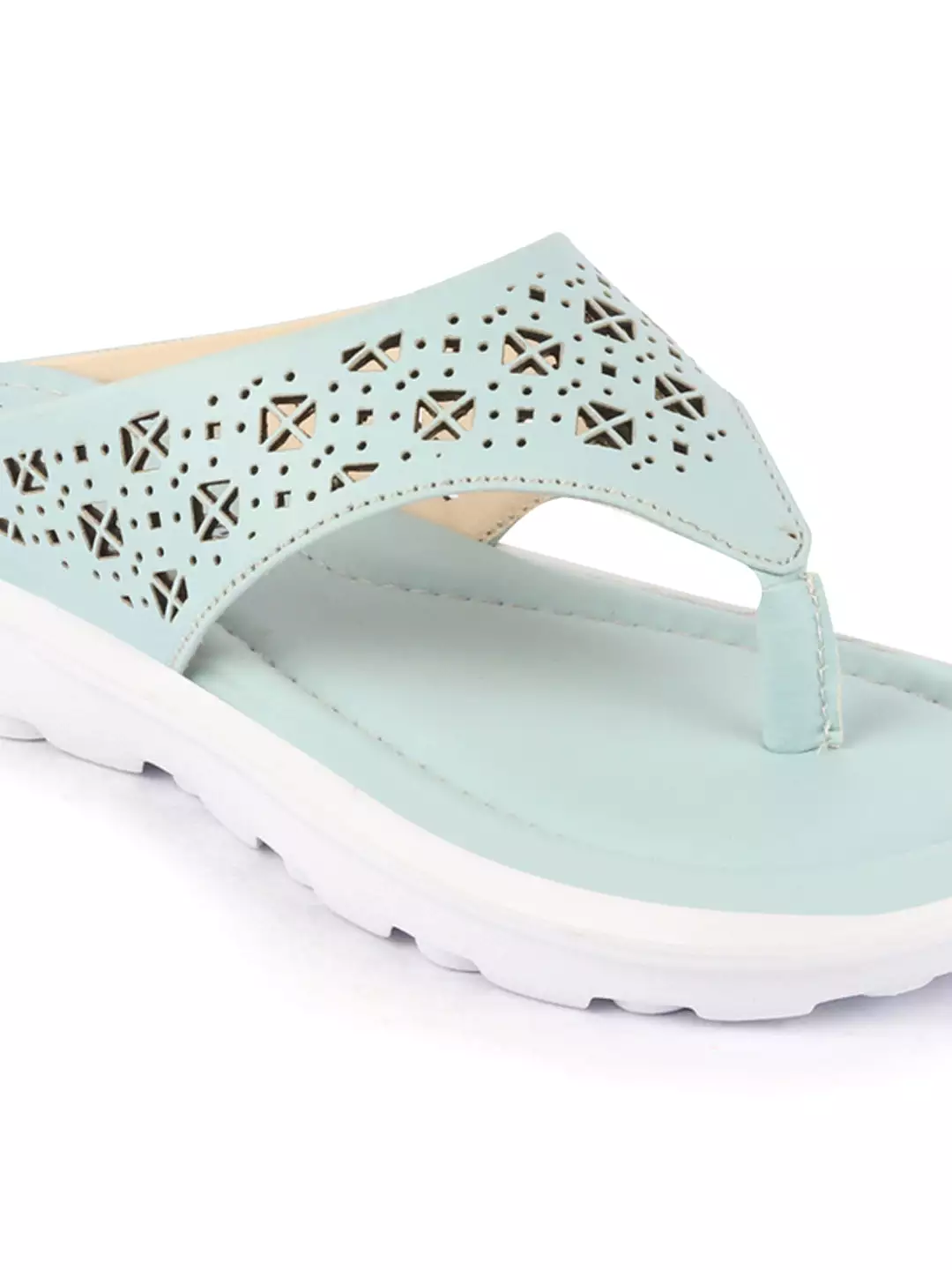 Women Sky Blue Party Fashion Stylish Laser Cut Design Strap Thong Flats Wedges Slipper