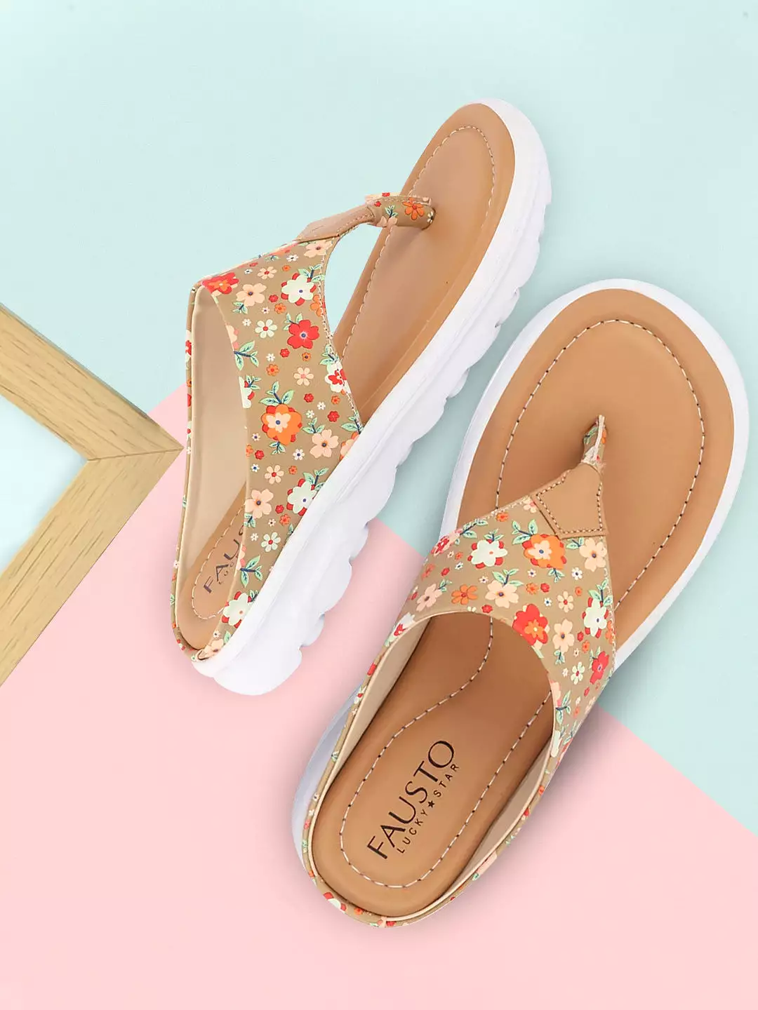 Women Tan Comfort Fashion Stylish Floral Print Design Strap Thong Flats Wedges Slipper