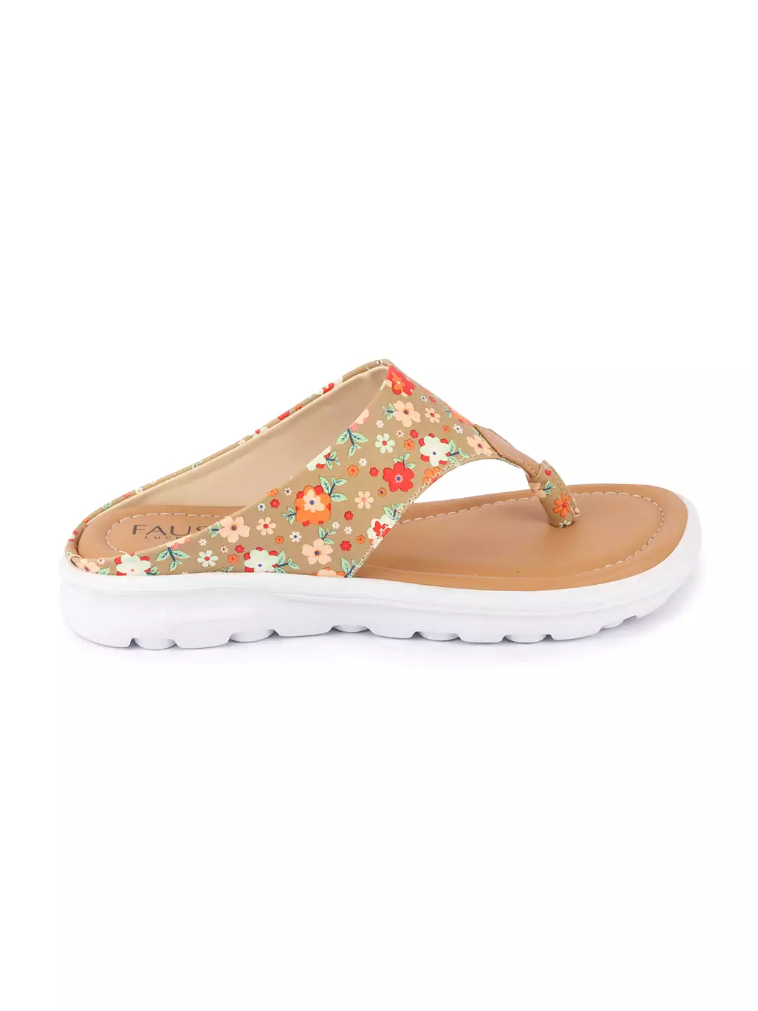 Women Tan Comfort Fashion Stylish Floral Print Design Strap Thong Flats Wedges Slipper