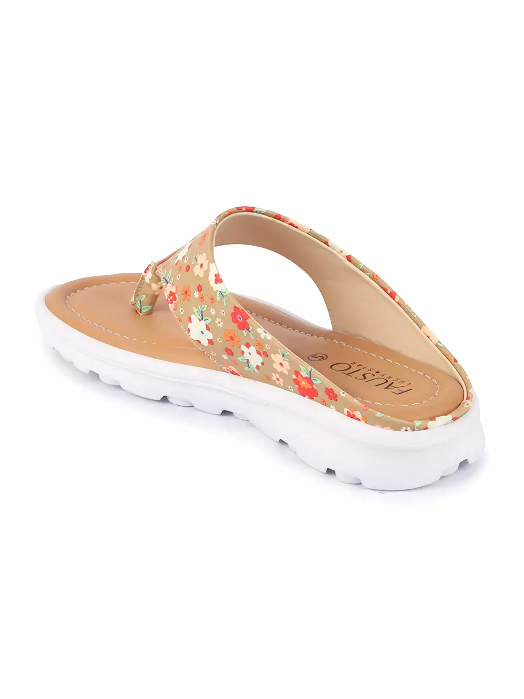 Women Tan Comfort Fashion Stylish Floral Print Design Strap Thong Flats Wedges Slipper