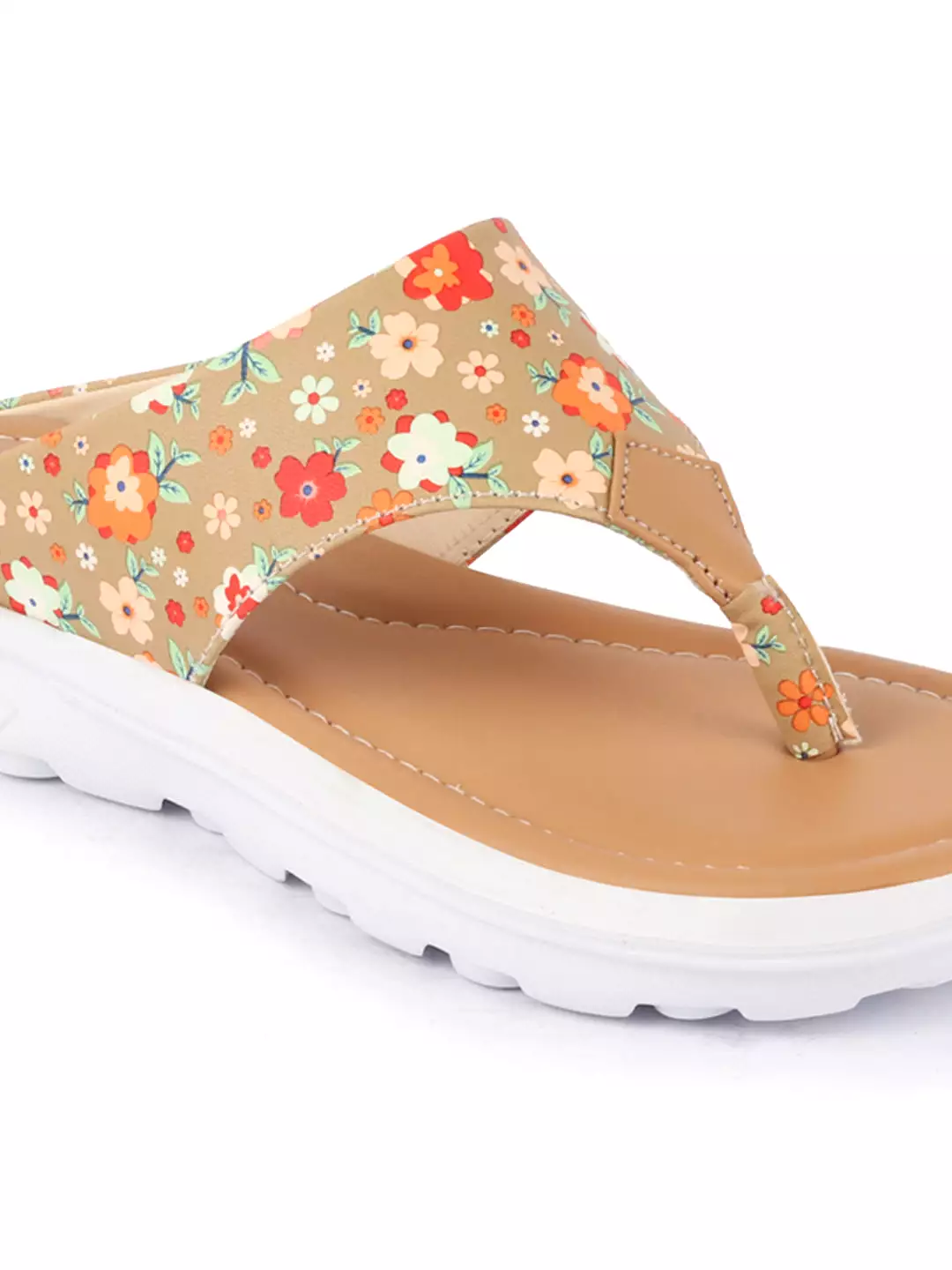 Women Tan Comfort Fashion Stylish Floral Print Design Strap Thong Flats Wedges Slipper