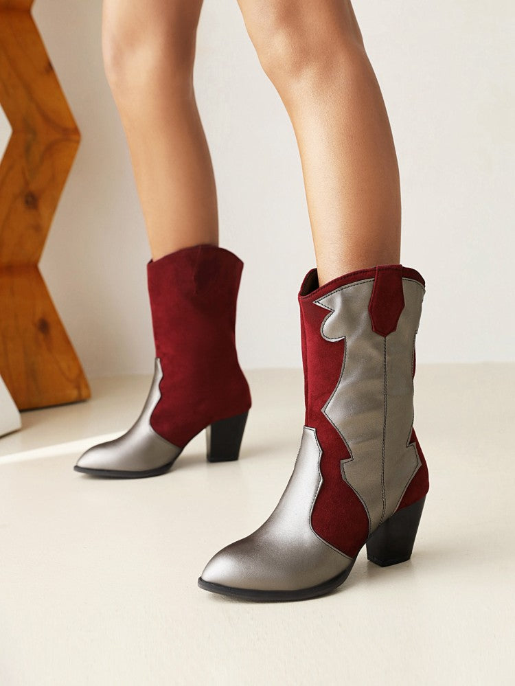 Women's Bicolor Patent Flock Patchwork Block Chunky Heel Mid Calf Boots