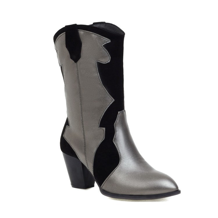 Women's Bicolor Patent Flock Patchwork Block Chunky Heel Mid Calf Boots