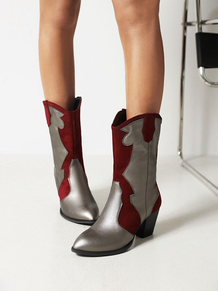 Women's Bicolor Patent Flock Patchwork Block Chunky Heel Mid Calf Boots