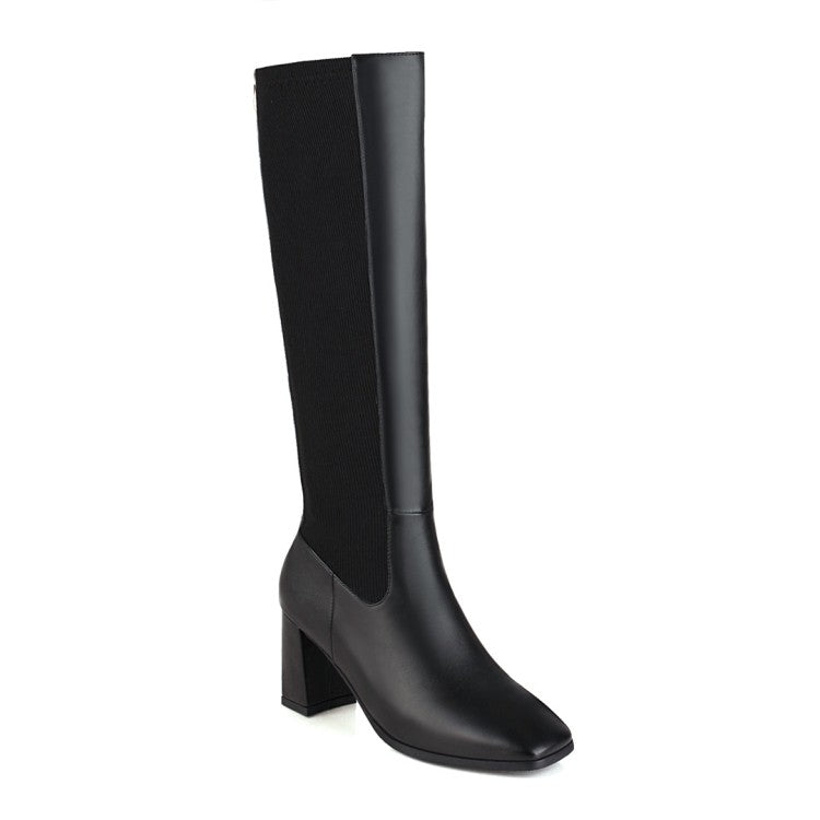 Women's Bicolor Square Toe Zippers Chunky Heel Knee-High Boots