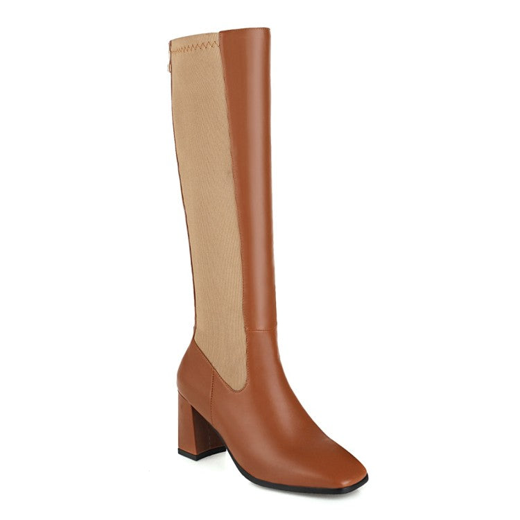 Women's Bicolor Square Toe Zippers Chunky Heel Knee-High Boots