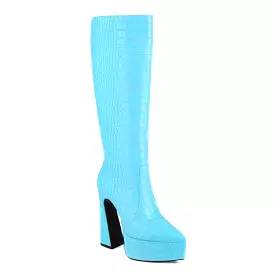 Women's Crocodile-Pattern Glossy Pointed Toe Spool Heel Platform Knee High Boots