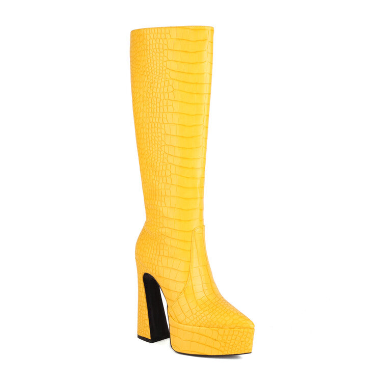 Women's Crocodile-Pattern Glossy Pointed Toe Spool Heel Platform Knee High Boots