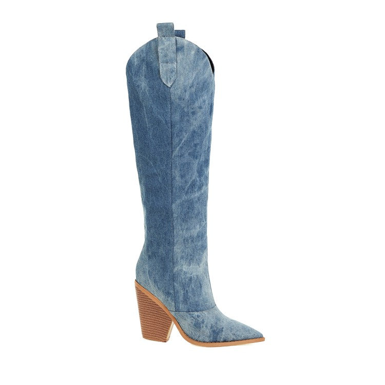 Women's Denim Pointed Toe Block Chunky Heel Cowboy Knee High Boots