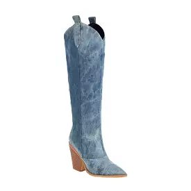 Women's Denim Pointed Toe Block Chunky Heel Cowboy Knee High Boots