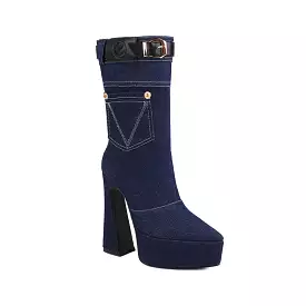 Women's Denim Pointed Toe Pocket Buckle Straps Spool Heel Platform Mid-calf Boots