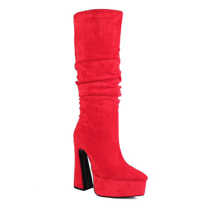 Women's Flock Pointed Toe Spool Heel Platform Knee High Boots