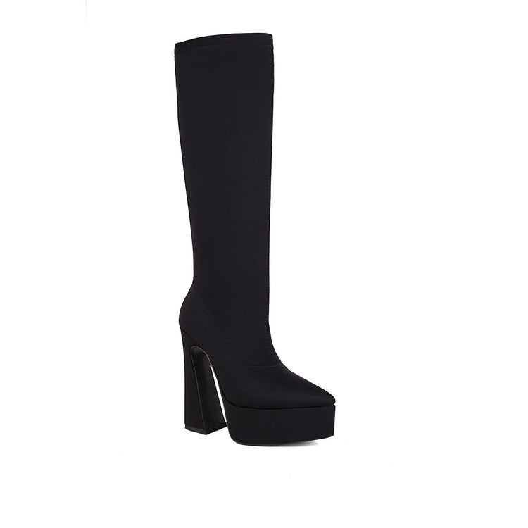 Women's Flock Pointed Toe Stretch Spool Heel Platform Knee High Boots