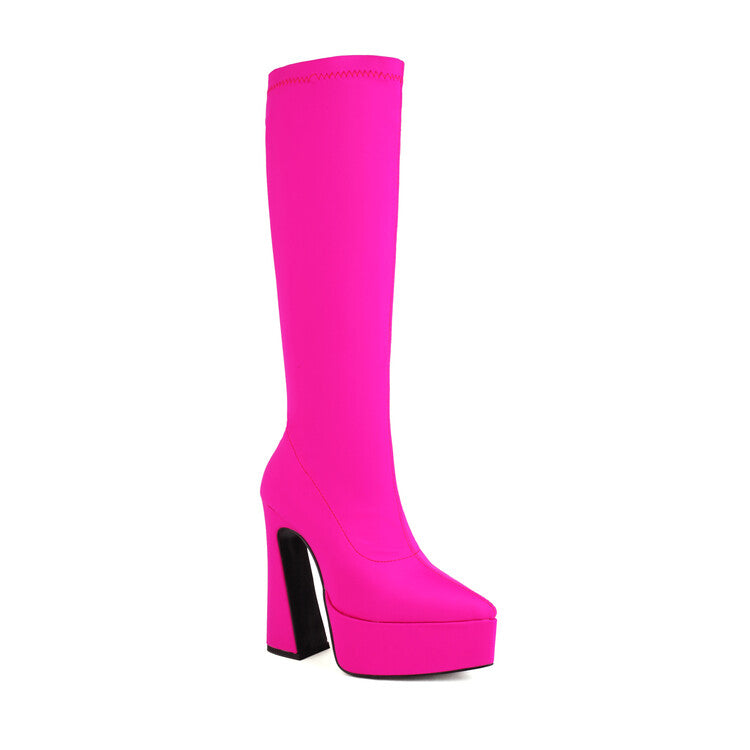 Women's Flock Pointed Toe Stretch Spool Heel Platform Knee High Boots