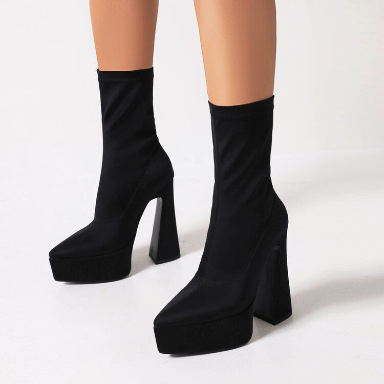 Women's Flock Pointed Toe Stretch Spool Heel Platform Mid-calf Boots