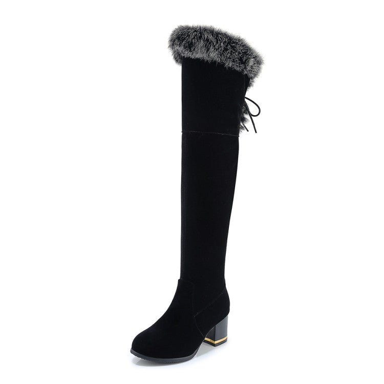 Women's Flock Round Toe Fur Back Tied Straps Block Chunky Heel Over-The-Knee Boots