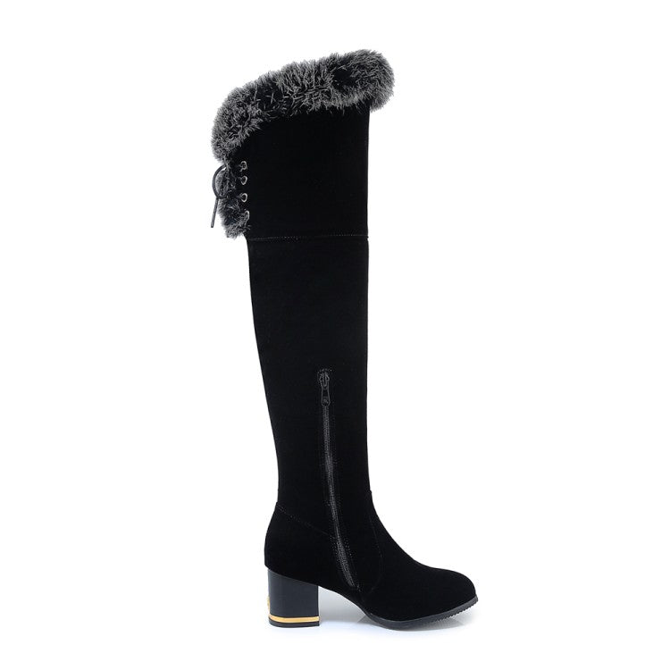 Women's Flock Round Toe Fur Back Tied Straps Block Chunky Heel Over-The-Knee Boots