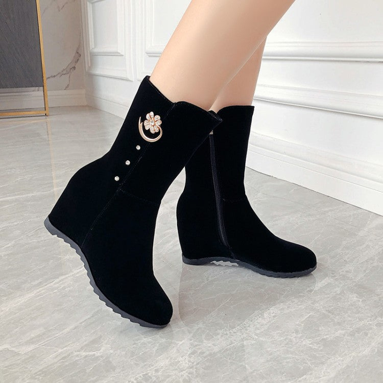 Women's Flock Round Toe Metal Rhinestone Side Zippers Inside Heighten Platform Ankle Boots