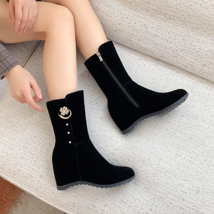 Women's Flock Round Toe Metal Rhinestone Side Zippers Inside Heighten Platform Ankle Boots