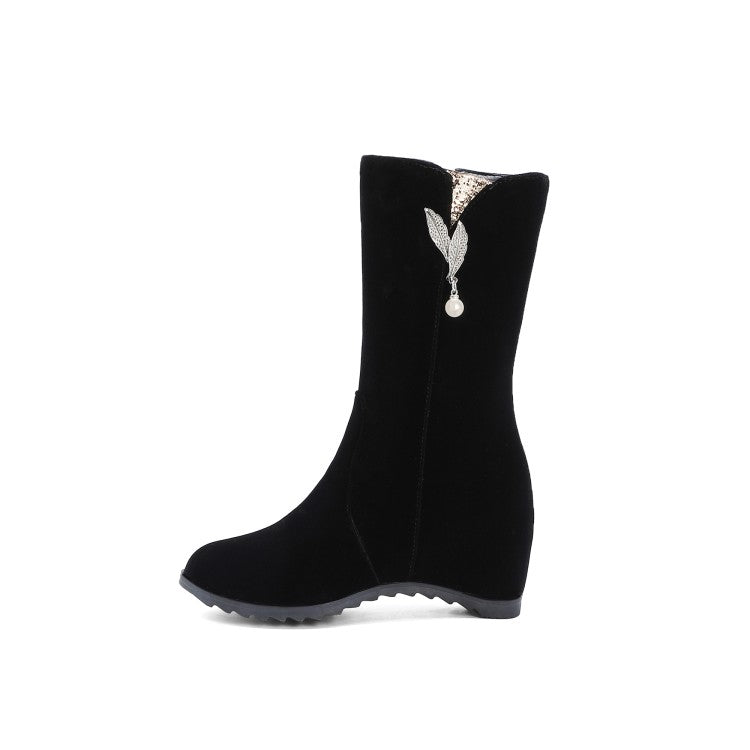 Women's Flock Round Toe Rhinestone Pearls Inside Heighten Ankle Boots