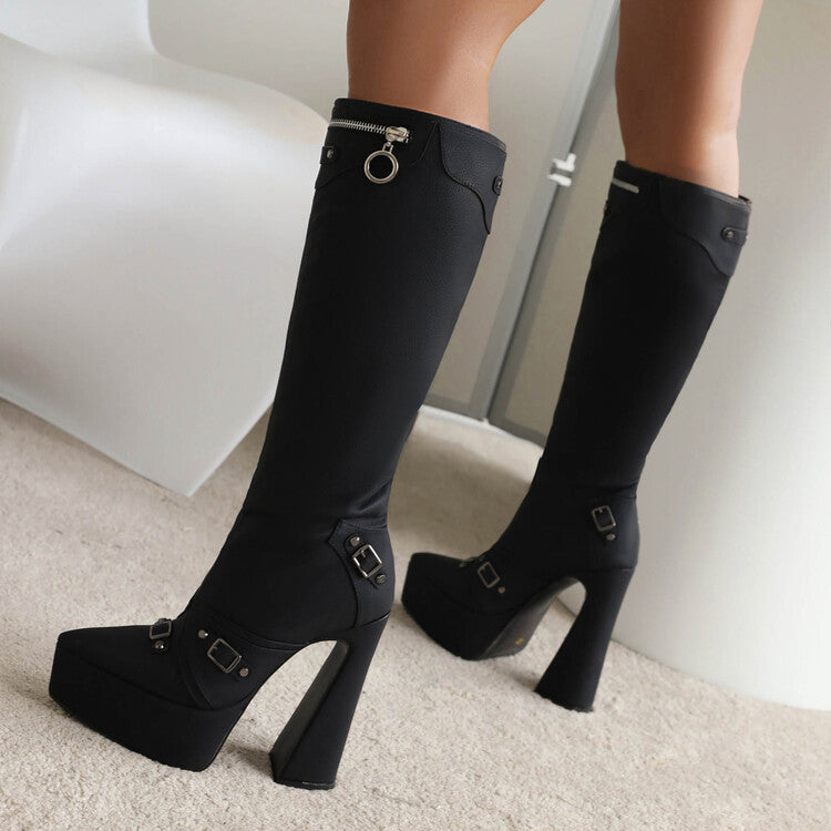 Women's Frosted Pu Leather Pointed Toe Metal Buckles Zippers Spool Heel Platform Knee High Boots