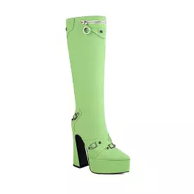 Women's Frosted Pu Leather Pointed Toe Metal Buckles Zippers Spool Heel Platform Knee High Boots