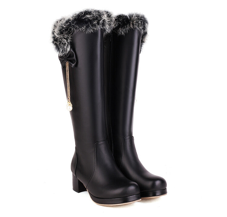 Women's Fur Pearls Block Heel Platform Knee-High Boots